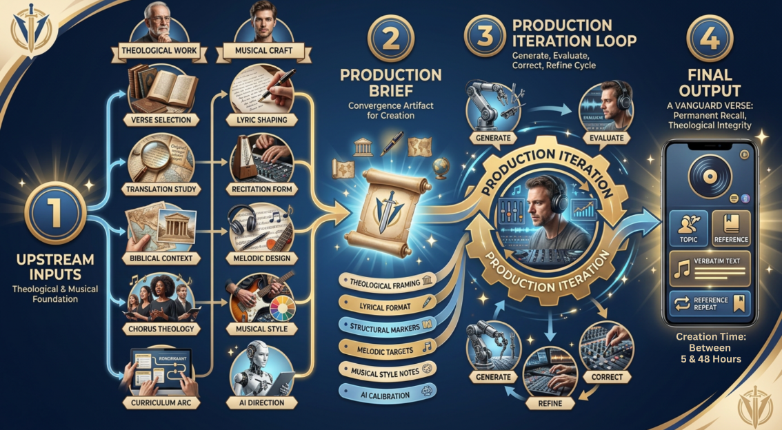 A dark-themed Vanguard Verse webpage featuring a gold-and-black ministry banner at the top with the Vanguard Verse logo and the phrases “The Sword The Song” and “Hear | Enjoy | Memorize.” Below the banner is a Spotify listening button labeled “Vanguard Verse Stratalyst Scripture.” The center of the page displays a large infographic titled “The Making of a Vanguard Verse,” showing a four-stage process: upstream theological and musical inputs, creation of a production brief, AI-assisted production iteration, and the final scripture-memory song output. Beneath the infographic is an interactive “Vanguard Verse — Anatomy of a Song” diagram with theological work elements on the left, musical craft elements on the right, a central production brief, production iteration below it, and the final Vanguard Verse output at the bottom.