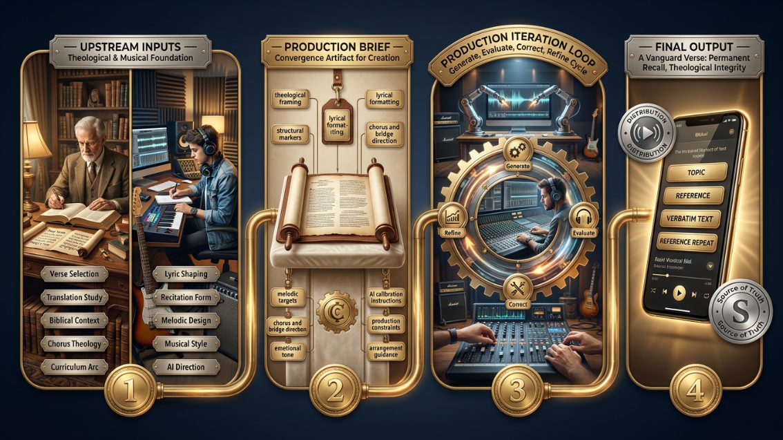 A dark-themed Vanguard Verse webpage featuring a gold-and-black ministry banner at the top with the Vanguard Verse logo and the phrases “The Sword The Song” and “Hear | Enjoy | Memorize.” Below the banner is a Spotify listening button labeled “Vanguard Verse Stratalyst Scripture.” The center of the page displays a large infographic titled “The Making of a Vanguard Verse,” showing a four-stage process: upstream theological and musical inputs, creation of a production brief, AI-assisted production iteration, and the final scripture-memory song output. Beneath the infographic is an interactive “Vanguard Verse — Anatomy of a Song” diagram with theological work elements on the left, musical craft elements on the right, a central production brief, production iteration below it, and the final Vanguard Verse output at the bottom.